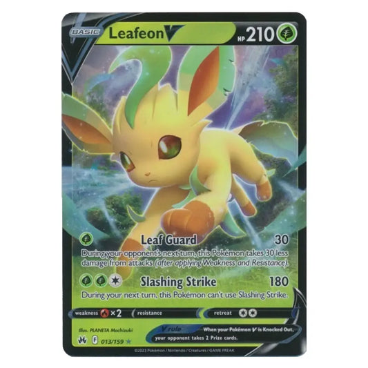 A single Pokémon trading card featuring Leafeon, a yellow and green fairy-type Pokémon. The card has a black border, green and yellow health bar elements, and printed game text including 'Leaf Guard' and 'Slashing Strike'.