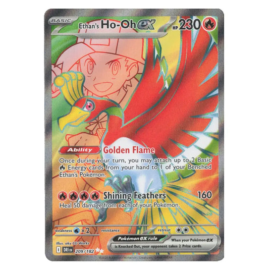 A single Pokémon trading card featuring Ethan's Ho-Oh EX, with artwork of a red and yellow bird and a smiling character. The card includes game text, stats, and a Pokémon GX retreat banner, photographed against a plain light background.