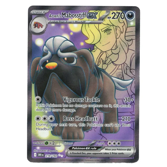 A single Pokémon trading card featuring Arver's Mabosstiff, with a purple and black illustrated card background and character artwork of a blonde woman in the background. The card is photographed straight-on against a plain white background.