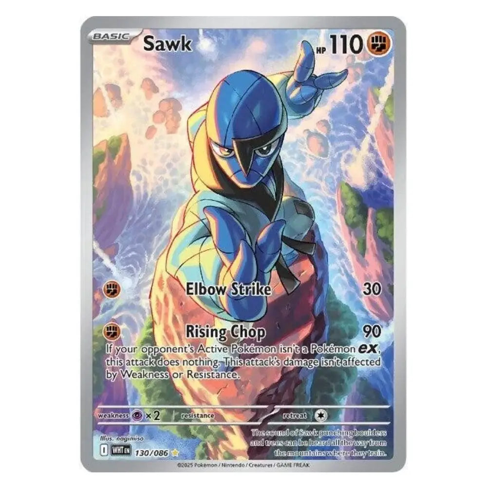 A holographic Pokémon TCG card featuring the Basic Pokémon Sawk, with blue, yellow, and orange artwork on a silver card border.