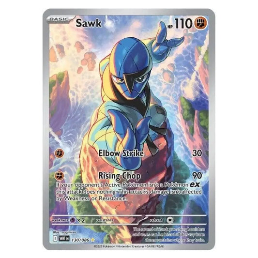 A holographic Pokémon TCG card featuring the Basic Pokémon Sawk, with blue, yellow, and orange artwork on a silver card border.