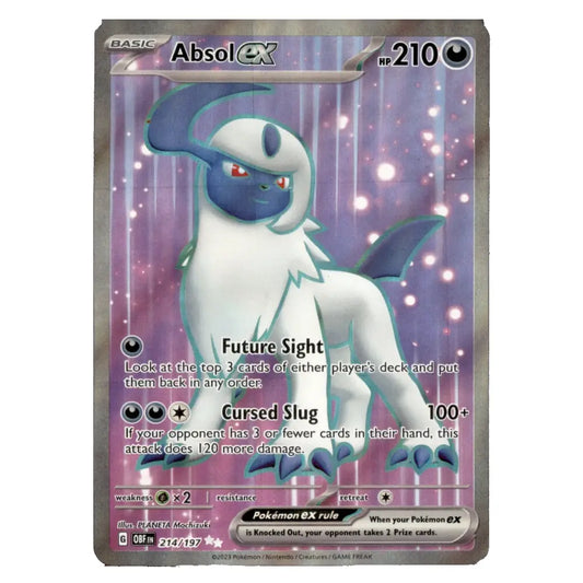 A single Pokémon trading card for Absol EX from the Basic set, featuring a white and blue dragon-like creature on a purple sparkly background. The card includes game text, type indicators, and a Pokémon logo at the bottom.