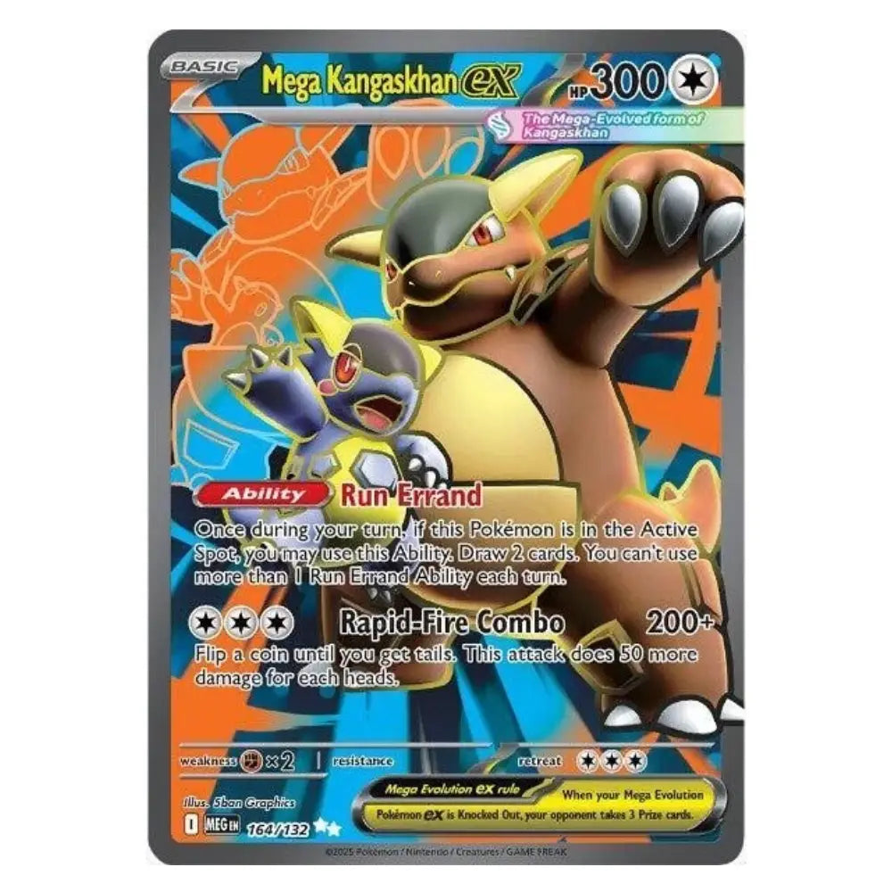 A single Pokémon trading card featuring Mega Kangaskhan EX from the TCG, with colorful character artwork, stats, and card text on a plain white background.