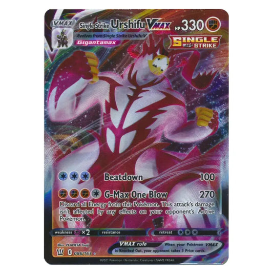 A single Pokémon trading card featuring the character Urshifu VMAX in a dynamic pink and white anime-style illustration on a dark cosmic background. The card includes attack text such as 'G-Max One Blow' and a 'Single Strike' label, with the Pokémon logo and branding visible.