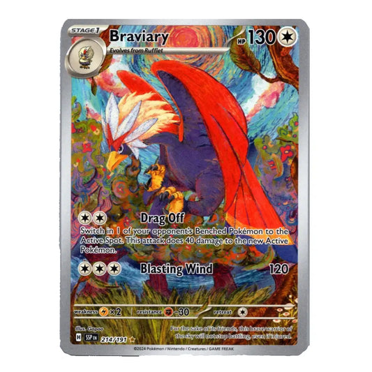 A single Pokémon trading card featuring Braviary, shown against a plain white background. The card has a silver border and colorful artwork of the bird with red, blue, purple, and yellow tones.