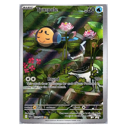 A single Pokémon trading card featuring the character Tympole in a pond scene with lily pads and flowers. The card has a silver border and visible Pokémon branding at the bottom.
