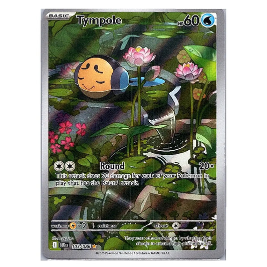 A single Pokémon trading card featuring the character Tympole in a pond scene with lily pads and flowers. The card has a silver border and visible Pokémon branding at the bottom.