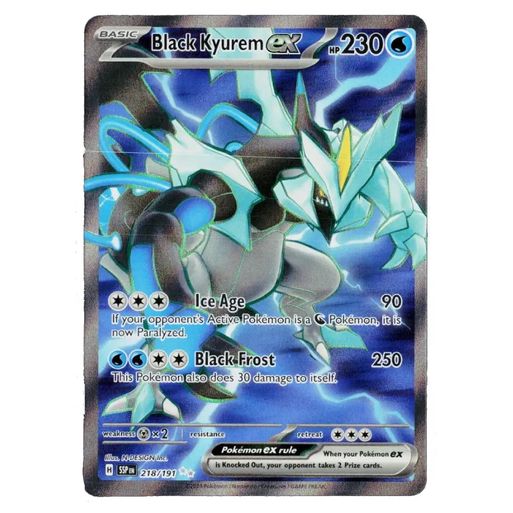 A single Pokémon trading card featuring Black Kyurem EX from the Basic set, with artwork of the icy blue and black dragon against a dark blue background. The card includes text for Ice Age, Black Frost, and attack power 230.