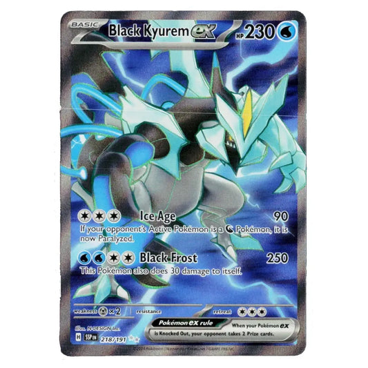 A single Pokémon trading card featuring Black Kyurem EX from the Basic set, with artwork of the icy blue and black dragon against a dark blue background. The card includes text for Ice Age, Black Frost, and attack power 230.
