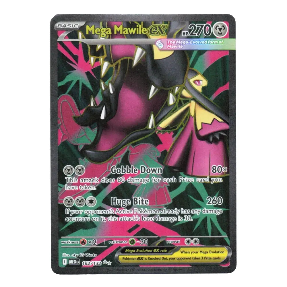A holographic Pokémon TCG Mega Mawile EX attack card from the Ultra Evolutions set, featuring a black and pink design with a dark green background.