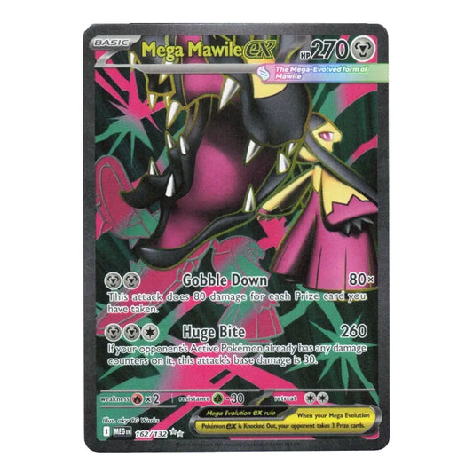 A holographic Pokémon TCG Mega Mawile EX attack card from the Ultra Evolutions set, featuring a black and pink design with a dark green background.
