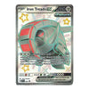 A holographic Pokémon Trading Card Game card for Iron Treads EX, featuring a metallic silver border, a teal and red exoskeleton illustration, and game text details on a white background.