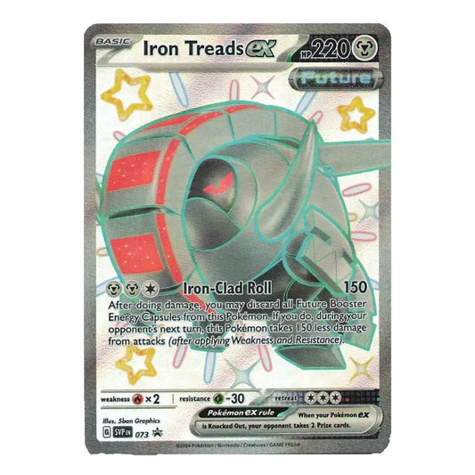 A holographic Pokémon Trading Card Game card for Iron Treads EX, featuring a metallic silver border, a teal and red exoskeleton illustration, and game text details on a white background.