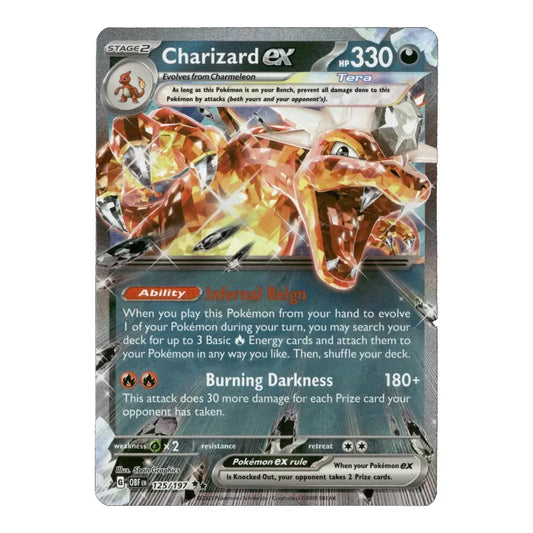 A single Pokémon TCG trading card for Charizard EX, featuring artwork of a glowing orange-red exoskeleton dragon on a dark gray card face with printed rules text and stats.