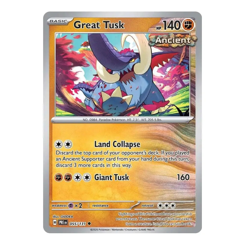 A single Pokémon trading card for Great Tusk from the Basic set, shown flat against a plain white background. The card features artwork of a blue tusked dinosaur with large tusks in a colorful landscape, with gold and silver borders and printed text including 'Great Tusk', 'Ancient', and 'Land Collapse'.