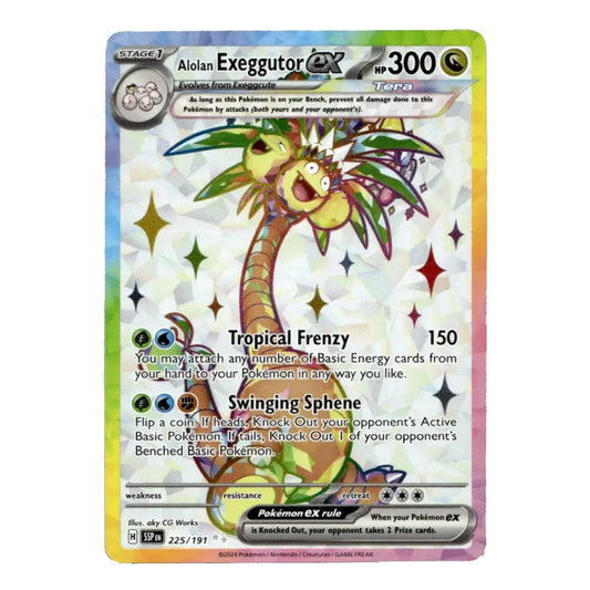 A holographic Pokémon TCG trading card of Aiolan Exegutor EX from the Evolving Skies set, featuring a rainbow iridescent border and a white background with star patterns.