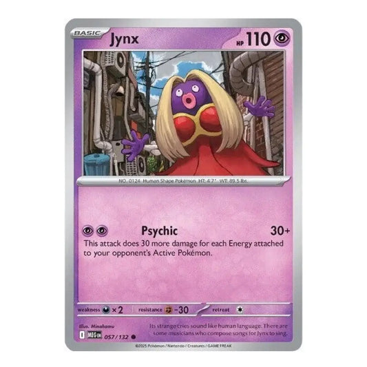 A single Pokémon trading card for Jynx from the Basic set, shown against a plain white background. The card has a silver border, a pink-purple gradient background, and artwork of Jynx with blonde hair, a purple face, and a red cape.
