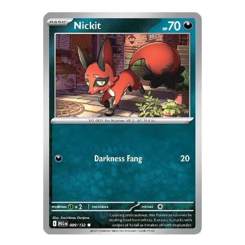 A single Pokémon trading card featuring the character Nickit from the XY Evolutions set. The card has a teal and dark blue design with an illustration of the red fox character in the center, and the text 'Nickit' and 'Darkness Fang' visible.