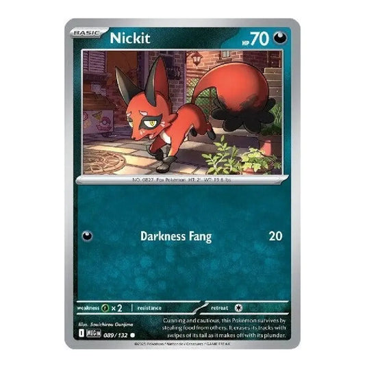 A single Pokémon trading card featuring the character Nickit from the XY Evolutions set. The card has a teal and dark blue design with an illustration of the red fox character in the center, and the text 'Nickit' and 'Darkness Fang' visible.