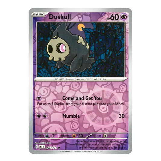 A single Pokémon trading card featuring Duskull from the Evolving Skies set, with a purple and pink illustrated card face, silver border, and visible Pokémon/Nintendo branding.