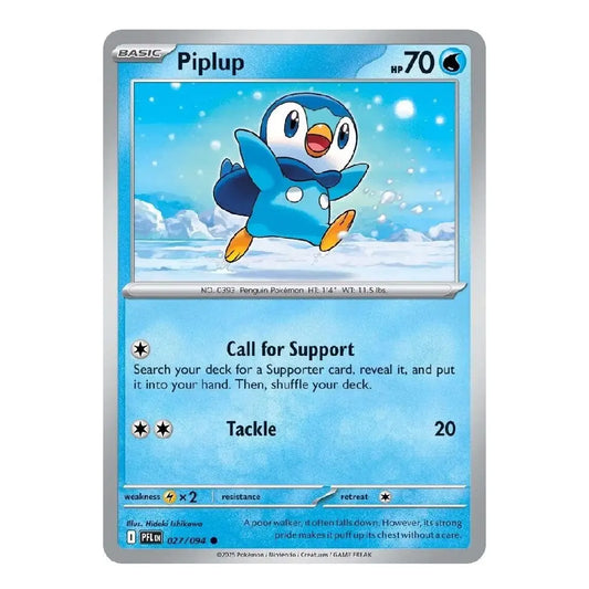 A single Pokémon trading card for Piplup from the Basic set, shown against a plain white background. The card features a blue penguin in a snowy scene with silver border details and printed game text.