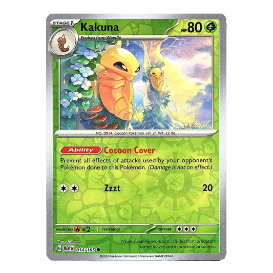 A Pokémon TCG Kakuna trading card, number 014, featuring a yellow-orange Kakuna in a forest with a green Cocoon Cover ability field. The card has a silver border and is shown against a plain white background.
