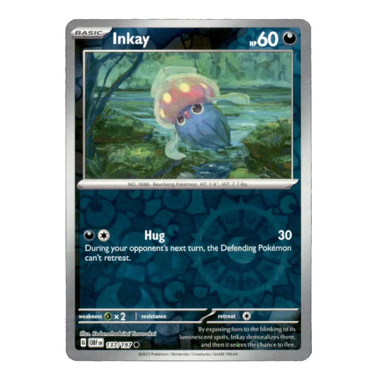 A single Pokémon trading card for Inkay from the Basic set, featuring artwork of the blue mushroom-like Pokémon in a green water scene. The card has a dark blue lower section with the text 'Hug' and '30', and a silver border.