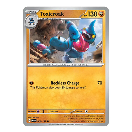 A single Pokémon trading card for Toxicroak, shown against a plain white background. The card has a silver border, an orange-yellow lower text area, and artwork of a blue creature with a pink belly in the center.