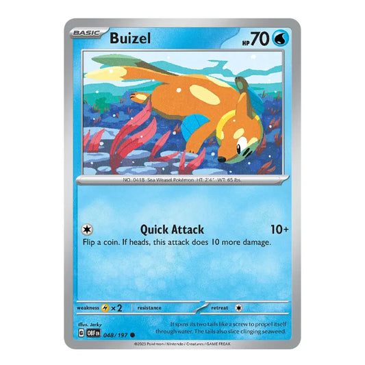 A single Pokémon trading card for Buizel from the Basic set, shown against a plain white background. The card features a blue border, silver metallic edges, and colorful artwork of Buizel swimming underwater.