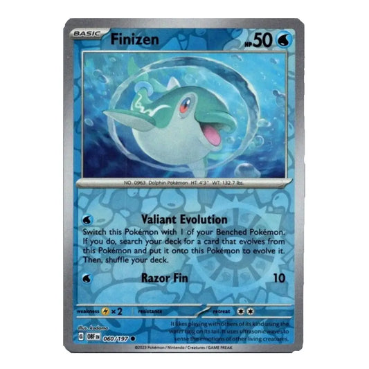 A single Pokémon trading card for Finizen from the Basic set, shown against a plain white background. The card features blue water-themed artwork with the character Finizen in a bubble and text including 'Valiant Evolution' and 'Razor Fin'.