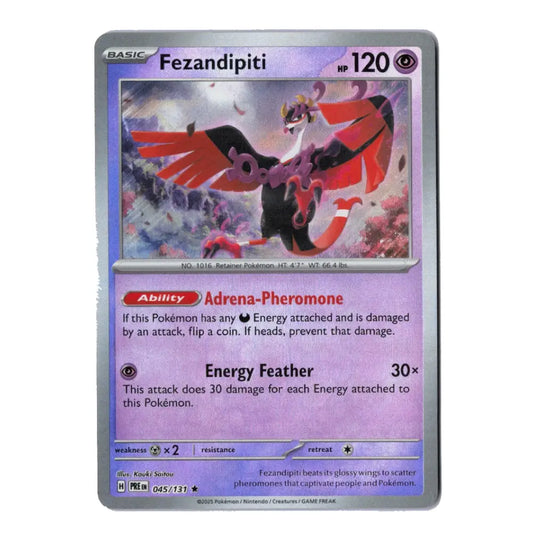 A single Pokémon trading card for Fezandipiti from the Basic set, featuring artwork of a red and black bird-like Pokémon on a purple background with card text and a gray border.