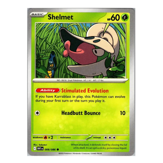 A single Pokémon trading card for Shelmet from the Basic set, shown against a plain white background. The card features a bright yellow-green frame, illustrated artwork of Shelmet wearing a hat in tall grass, and text detailing its 'Stimulated Evolution' ability and 'Headbutt Bounce' move.