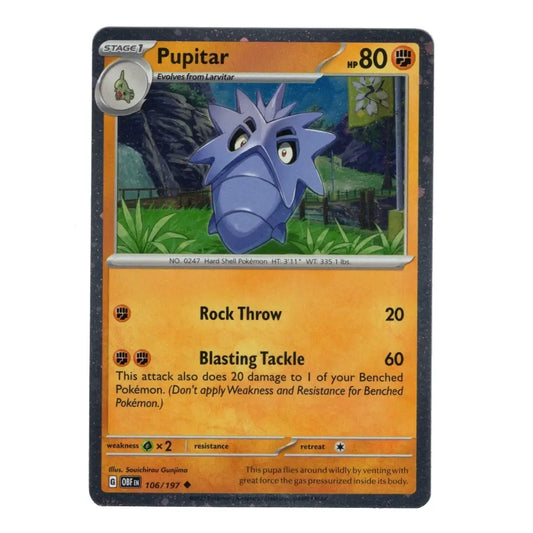A single Pokémon trading card featuring Pupitar, shown against a plain white background. The card has a dark gray border, an orange-yellow lower text area, and artwork of a blue-gray creature in a green landscape at the top.