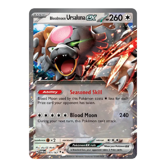 A single Pokémon trading card for Bloodmoon Ursaluna EX from the Basic set, featuring artwork of the creature with red and black energy effects, shown on a plain light background.
