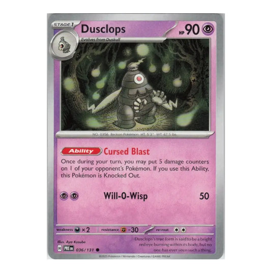 A single Pokémon trading card for Dusclops, shown against a plain white background. The card has a silver border, a pink-purple gradient frame, and artwork of a metallic gray robot-like creature with glowing green eyes.
