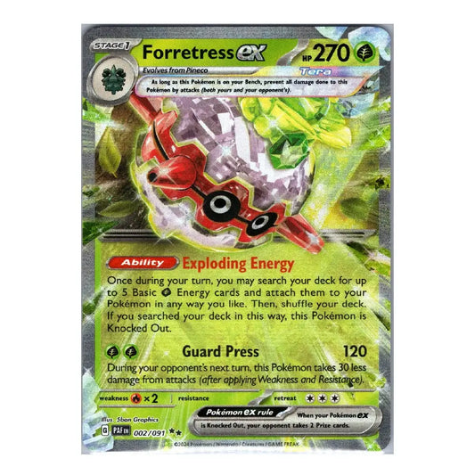 A single Pokémon trading card for Forretress EX, featuring artwork of the Pokémon with a red and white body, green and yellow highlights, and game text on a silver-bordered card.