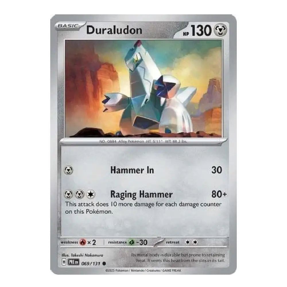 A single Pokémon trading card for Duraludon from the Basic set, shown against a plain white background. The card features artwork of the Pokémon in a canyon scene and text detailing its Hammer In and Raging Hammer attacks.