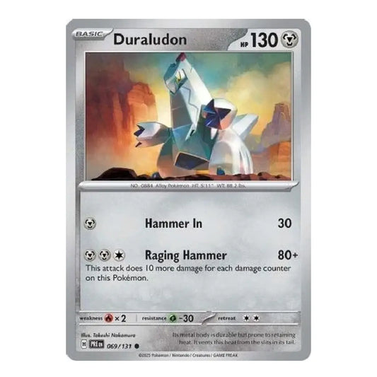 A single Pokémon trading card for Duraludon from the Basic set, shown against a plain white background. The card features artwork of the Pokémon in a canyon scene and text detailing its Hammer In and Raging Hammer attacks.