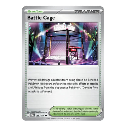 A Pokémon TCG Stadium Trainer card titled Battle Cage, featuring artwork of an octagonal fighting cage under colorful stage lights, with card text and a green status text bubble at the bottom.