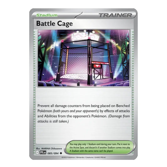 A Pokémon TCG Stadium Trainer card titled Battle Cage, featuring artwork of an octagonal fighting cage under colorful stage lights, with card text and a green status text bubble at the bottom.