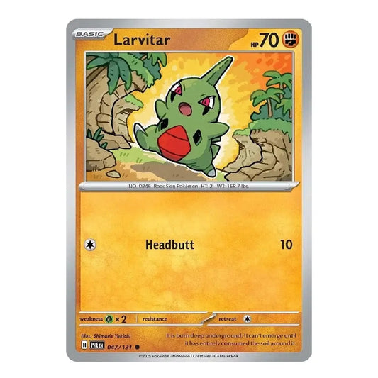 A single Pokémon Larvitar trading card shown against a plain white background. The card features a silver border, an orange-yellow gradient lower section with the text 'Headbutt 10', and an illustration of the green Larvitar creature in a jungle scene near the top.