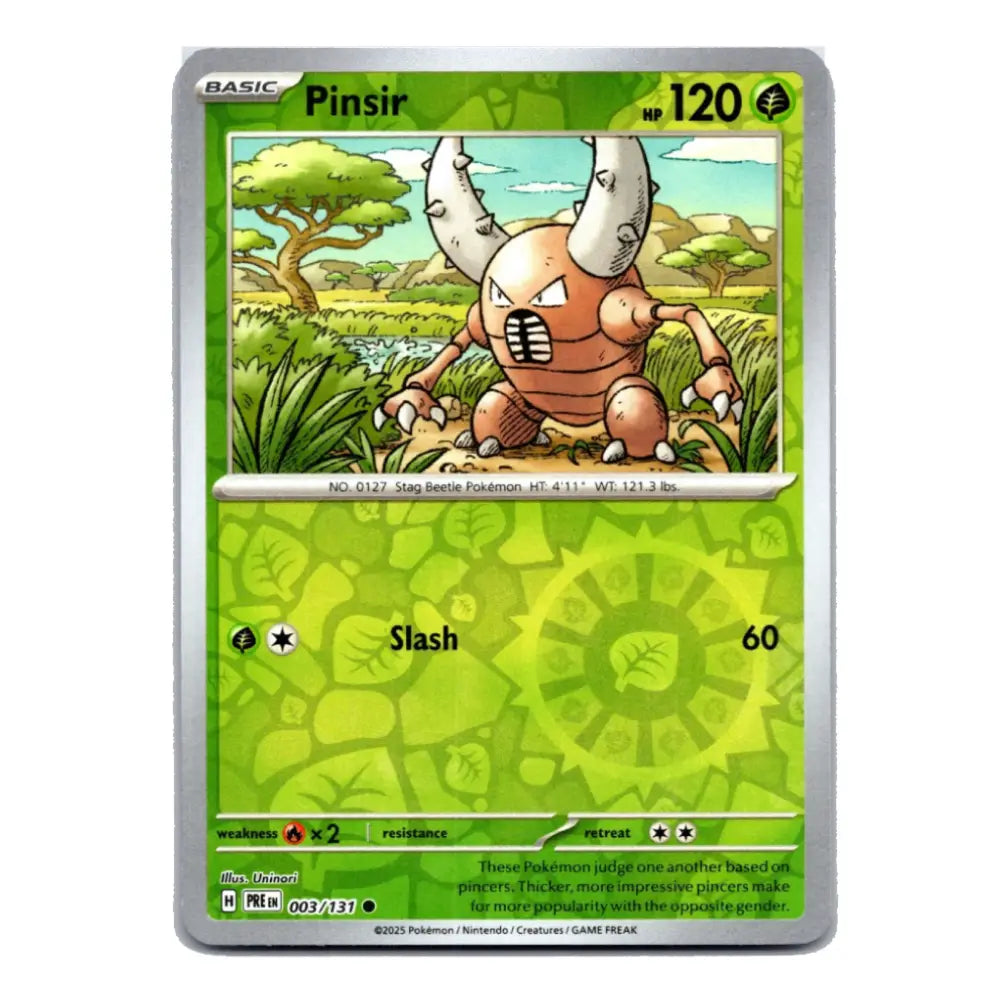 A single Pokémon trading card featuring Pinsir from the Basic set, with a green card face, character artwork, and a silver border on a plain white background.