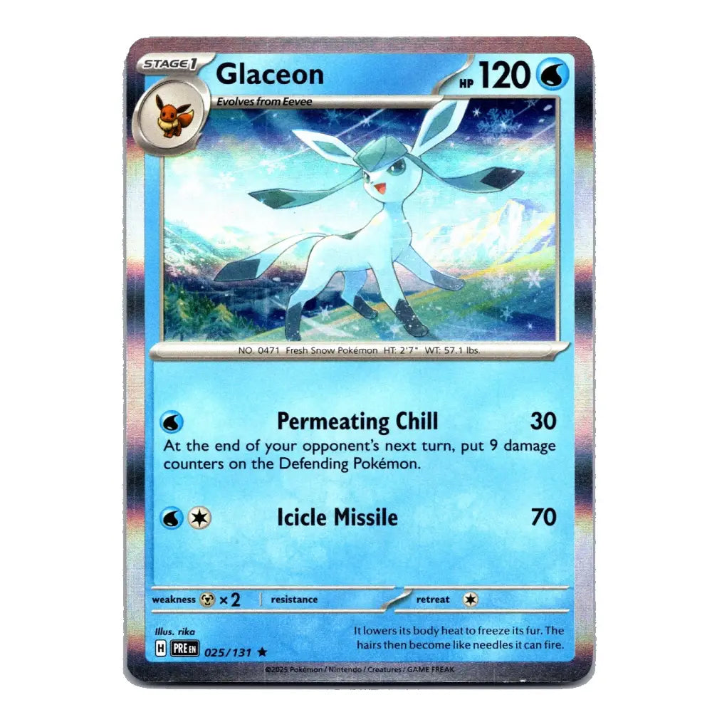 A holographic Pokémon TCG card of Glaceon, featuring a light blue and white illustration of the ice-type Pokémon on a blue card face with rainbow iridescent foil edges.