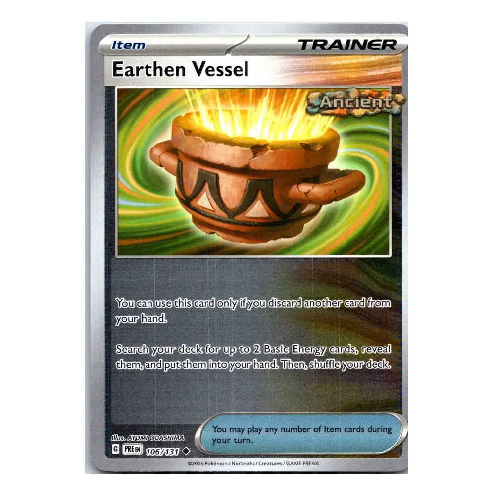 A single Pokémon trading card for the 'Earthen Vessel' Item from the Ancient Era set, featuring a glowing brown pot on a green and yellow swirling background.