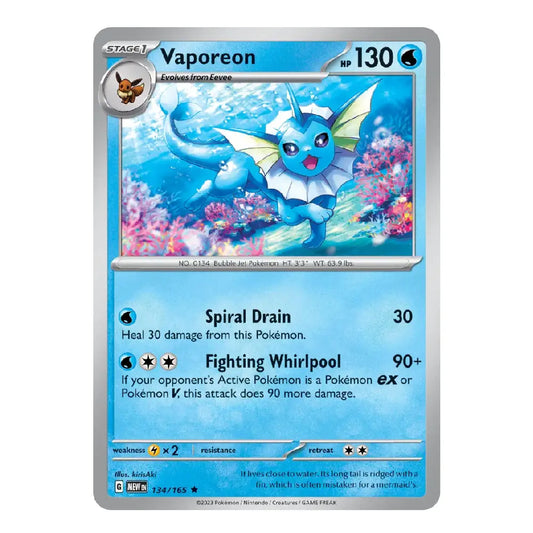A single Pokémon trading card for Vaporeon, shown flat against a plain white background. The card features blue artwork of the Pokémon under a silver border with printed text and stats.