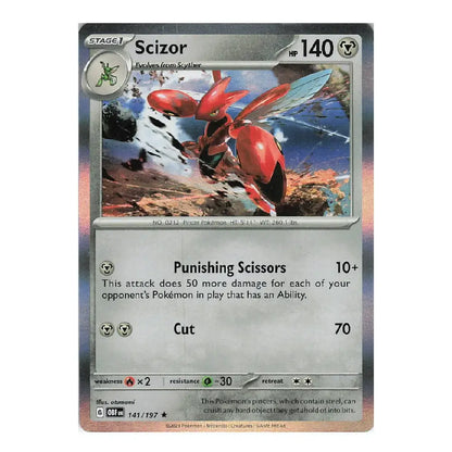 A single Pokémon trading card featuring Scizor, a Stage 1 Bug-Lady Pokémon with a red body and large silver-gray blade, shown on a plain white background.