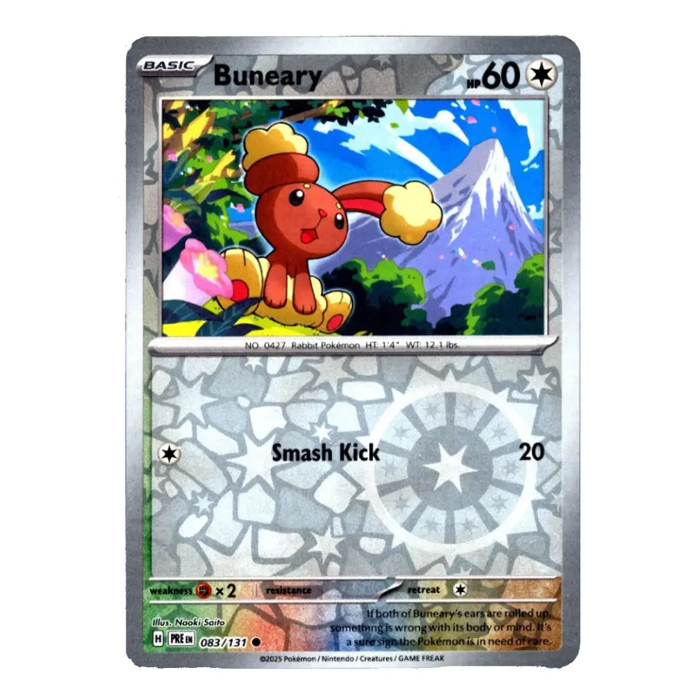 A single Pokémon trading card featuring Buneary from the Basic set, with artwork of the red creature in a colorful forest scene and a gray stone-textured lower half showing the Smash Kick move.