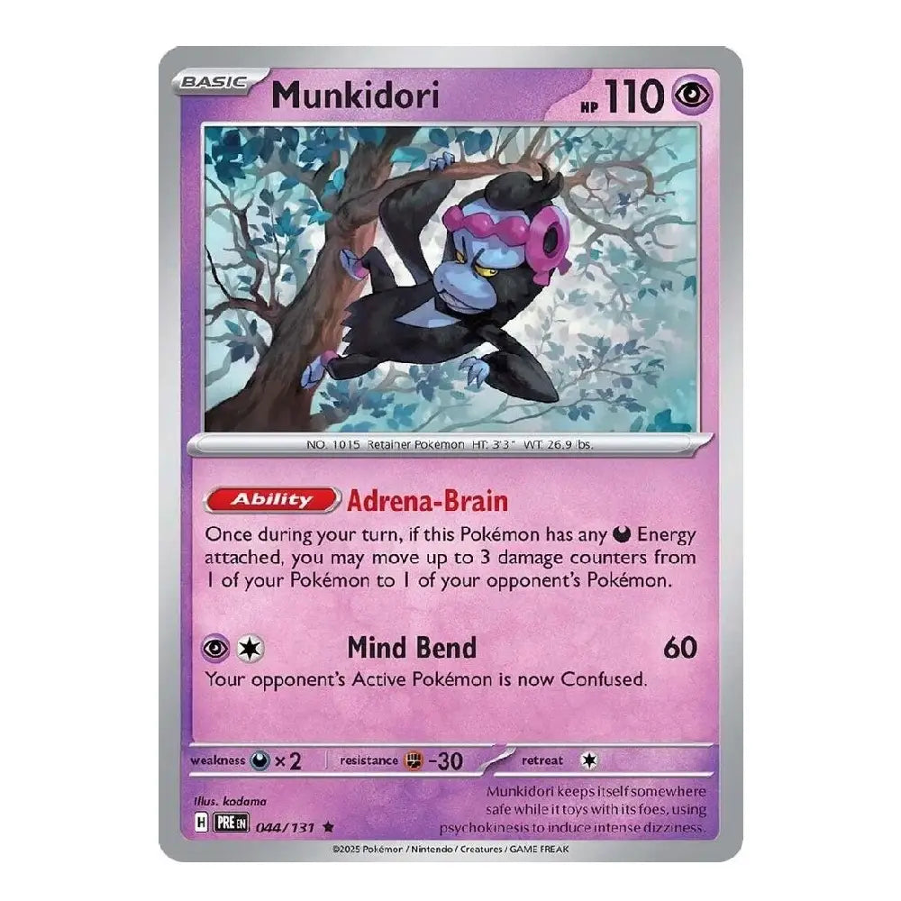A single Pokémon trading card for Munkidori from the 2016 XY Evolutions set, featuring a pink and purple card face with artwork of the character climbing a tree.