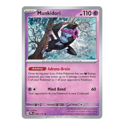 A single Pokémon trading card for Munkidori from the 2016 XY Evolutions set, featuring a pink and purple card face with artwork of the character climbing a tree.
