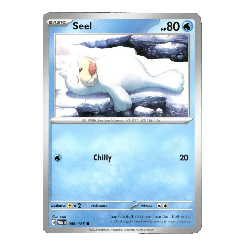 A single Pokémon trading card for Seel from the Basic set, shown against a plain white background. The card features a silver border, a light blue lower section with the text 'Chilly 20', and artwork of a white seal lying on icy water above a dark blue rocky background.